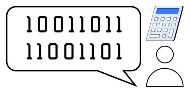 Konuşma balonunda ikili sayılar, hesap makinesi, soyut kişi. Teknoloji, programlama, kodlama, hesaplama, veri analizi eğitim dijital araçları için idealdir. Basit düz metafor