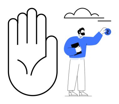 Yardım ya da kontrolü sembolize eden büyük bir el, para tutan bir adam ve yukarıdaki bulutlar. Finans, yardım, bağış, ekonomi, yatırım, hayırseverlik için ideal basit düz metaforlar