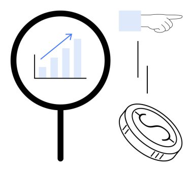 Yükselen bar tablosu, dolar parası ve odaklanma, büyüme, analiz, zenginlik, finansal stratejiler, karar verme, liderlik ve basit düz metafor için işaret eden büyüteç