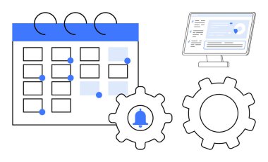 Anımsatıcı takvimi, vites ayarlarını sembolize eden, monitörde dijital gösterge paneli. Üretkenlik, zaman yönetimi, sistem otomasyonu, zamanlama, olay izleme, bildirimler iş akışı için ideal