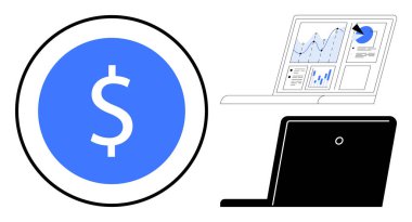 Finansal performans grafikleri, grafikleri ve analizleri gösteren dizüstü bilgisayarın yanında dolar sembolü. İş, finans, teknoloji, strateji, yatırım ekonomik büyüme sunumları için idealdir. Basit düz
