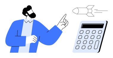 Uçan bir roketi işaret eden adam yeniliği simgeler, hesap makinesi ise hassasiyeti ve analizi. İş stratejisi, mühendislik, yaratıcılık, eğitim, başlangıç, analitik için ideal