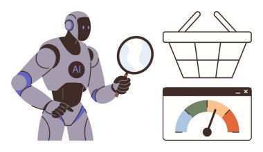 Yapay zeka robotu çevrimiçi alışveriş sepeti ölçümlerini ve performans göstergesini incelemek için büyüteç kullanıyor. E-ticaret için ideal, perakende yapay zeka, veri analizi, makine eğitimi, müşteri davranışı