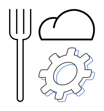 Çatal, bulut ve dişli yemek pişirme, bulut teknolojisi ve mekanik yeniliğin birleşimini simgeliyor. Temalar için ideal yiyecek teknolojisi, dijital dönüşüm, modernleşme, yaratıcı füzyon