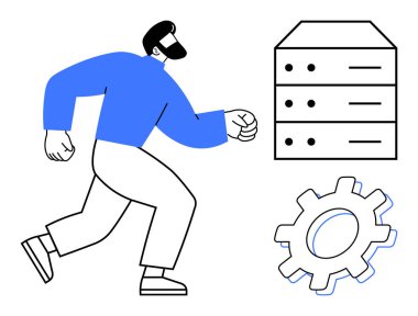 Altında çark olan bir sunucu yığınına doğru yürüyen kişi, veri yönetimini, bilişim akışını, sistem optimizasyonunu, gelişimini, mühendisliğini, teknoloji endüstrisini, problem çözmeyi sembolize ediyor. Basit düz