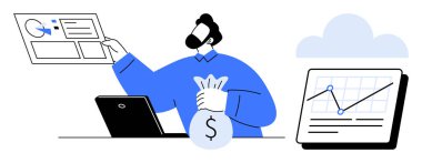 Bilgisayarda analitik çizelgeyi inceleyen kişi, para çantası, mali ve verimlilik veri paneli. Ticari büyüme, yatırım, finans, analitik, strateji, zenginlik dijital planlaması için ideal