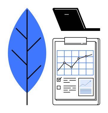 Mavi yaprak, analitik çizelgesi olan pano, ekolojiyi, ilerlemeyi ve dijital çalışmayı vurgulayan dizüstü bilgisayar. Sürdürülebilirlik, eko-ticaret, grafik analizi, büyüme ortamı verimliliği için ideal yeşil