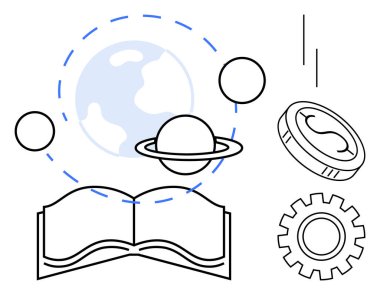Açık kitap, Dünya, Satürn, madeni paralar, dişliler ve daireler küresel öğrenme, yenilik, BTMM finans ve sürdürülebilirliği sembolize eder. Eğitim bilimi teknolojisi gelişimi araştırması için ideal