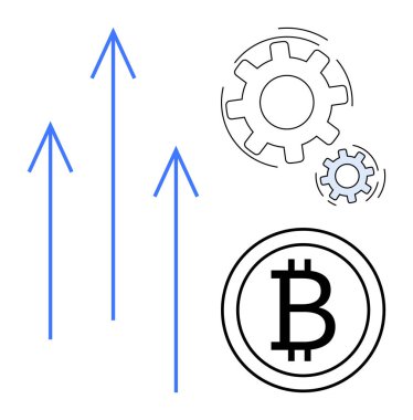 Bitcoin simgesi ve dişli çarklı yukarı doğru oklar kripto para birimini, engelleme zincirini ve endüstriyel büyümeyi vurgular. Finans, yenilik, ekonomi, teknoloji, yatırım, ilerleme için ideal