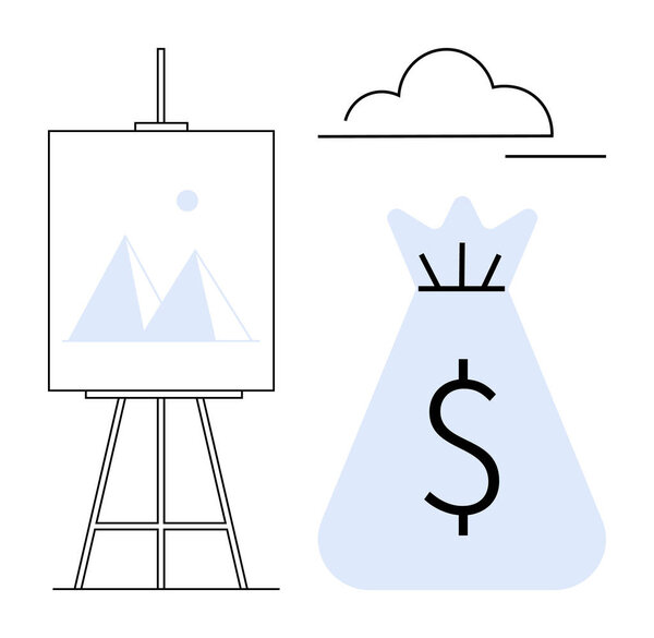 Canvas on an easel next to a money bag with a dollar symbol and a cloud above, visualizing business, artistic innovation, and financial planning. Ideal for finance, investment strategies