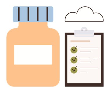 Sağlık yönetimi, organizasyon ve sorumluluğun vurgulandığı işaretli görevleri içeren bir kontrol listesinin yanında ilaç şişesi. Sağlık, eczane, ilaç rehberliği, verimlilik ve sağlık için ideal