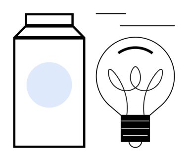 Süt kutusu ampulün yanında, günlük yaşam ve yenilikleri birleştiriyor. Sürdürülebilirlik, eko-fikirler, yenilenebilir enerji, geri dönüşüm, minimalist tasarım, yaratıcı düşünce, basit düz metafor