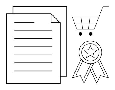 Belge, alışveriş arabası ve yıldız rozeti ile aynı hizada. Sertifikalar, e-ticaret, çevrimiçi alışveriş, kalite güvencesi, iş sözleşmeleri, uyum ve başarılar için ideal. Minimalist daire
