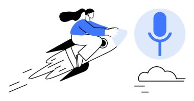 Roketin üzerinde uçan kadın, bulutun üzerinde, yaratıcılığı, yeniliği, iletişimi, gelişimi, teknolojiyi, kişisel başarıyı temsil ediyor. İlerleme, hırs ve basit bir şey için ideal.