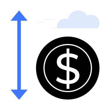 Dikey oklu dolar sikkesi ekonomik büyümeyi, finansal dalgalanmayı ve başarıyı sembolize eder. Yatırım, finans, iş planlaması, büyüme stratejisi, ekonomik analiz, zenginlik yönetimi için ideal