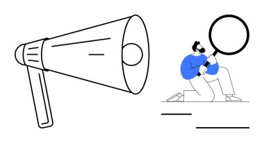 Adam elinde büyüteç tutarak diz çöküp iletişim için büyük megafonun yanında detaylı bir inceleme yapılmasını öneriyor. Pazarlama, araştırma, soruşturma, promosyon, farkındalık, işbirliği için ideal