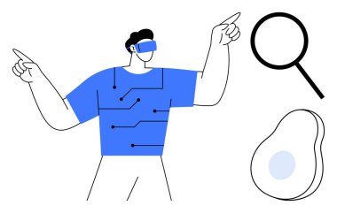 Çevre tasarımı tişörtü dışa dönük, yakınlardaki büyüteç ve soyut şekilli VR kulaklık takıyor. Teknoloji, keşif, yenilik, gelecek, araştırma ve yapay zeka için ideal.