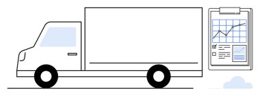 İçinde büyüme çizelgesi ve teslimat için kontrol listesi olan bir lojistik kamyon. Lojistik, tedarik zinciri, ulaşım, taşımacılık, veri analizi, iş büyümesi, yönetim için ideal