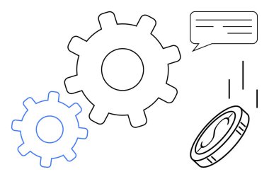 Birbirine kenetlenmiş vitesler, bozuk para ve konuşma balonu takım çalışmasını, üretkenliği, finansal büyümeyi, iletişimi ve yeniliği temsil eder. İş ve endüstri finansmanı için ideal takım çalışması