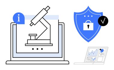 Dizüstü bilgisayar ekranında mikroskop, kilit ve kontrol işaretli kalkan ve veri grafikleri. Araştırma, veri güvenliği, analitik, teknoloji yeniliği, bilim eğitimi, siber güvenlik dijital araçları için ideal