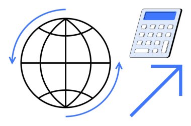 Küre, yukarı doğru ok atan bir hesap makinesinin yanındaki oklarla çevrili. Küresel analitik, ekonomi, finans, muhasebe, istatistik, ticaret ve veri büyümesi için ideal. Basit düz metafor