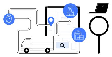 Güzergahı, kronometresi, fabrika ve depo işaretleri, büyüteç ve dizüstü bilgisayarı olan bir kargo kamyonu. Lojistik, dağıtım, verimlilik, teknoloji navigasyon planlaması için ideal şehir