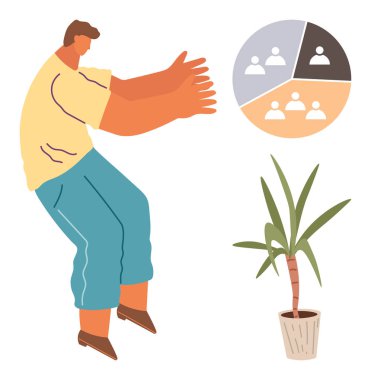 Grup işbirliğinin segmentli çizelgesinin yanında bir fikir ifade eden bir adam. Takım çalışması, organizasyon, planlama, grup dinamikleri, liderlik, strateji ve motivasyon için ideal. Basit düz metafor