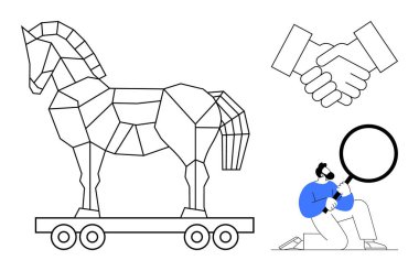 Geometrik Truva atı tekerlekler üzerinde, el sıkışma hareketi ana hatlarıyla, büyüteçle diz çöken insan. Güven, siber güvenlik, ortaklık, analiz, aldatma gözlem ekibi çalışması için ideal. Asgari