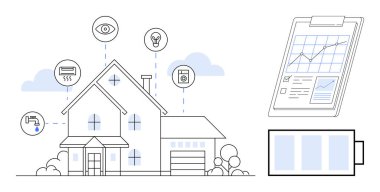 Akıllı özelliklere sahip ev, enerji tasarruflu batarya, güvenlik, araç gereç ve araç gereçler için IoT simgelerini onaylıyor. Teknoloji, sürdürülebilirlik, ev otomasyonu, yenilik, enerji verimliliği için ideal