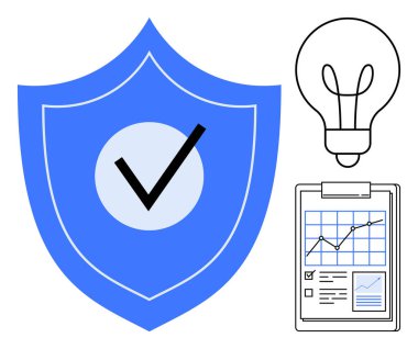 Güvenlik işaretli mavi kalkan, fikirleri sembolize eden ampul ve grafik analizli pano. Koruma, yenilik, iş büyümesi, planlama, başarı, kalkınma için ideal