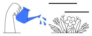 Mavi sulama suyundan akan eller çiçek ve yaprakları besler. Büyüme, sürdürülebilirlik, çevre dostu uygulamalar, doğa bakımı, yetiştirme, bahçıvanlık ve çevre için ideal