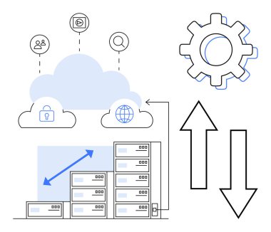 Sunuculu bulut, güvenlik kilidi, küresel bağlantı, teçhizat ve oklar. Dijital depolama, veri güvenliği, ağ oluşturma, bilişim sistemleri sunucu süreci otomasyonu için ideal basit düz metafor
