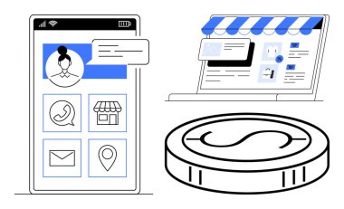 Mesajlaşma, depolama ve konum simgeleri için akıllı telefon uygulaması, mağaza önü ve listeleri olan masaüstü e-ticaret sitesi, büyük para. E-ticaret, finans, uygulamalar, müşteri desteği navigasyonu için ideal