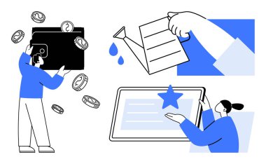 Bozuk paralarla dolu cüzdan, el sulama bitkileri tabletteki bir yıldızla etkileşim halinde olan insanlar. Para yönetimi, büyüme, başarı, hedef belirleme, eğitim yatırım kariyeri için ideal. Basit düz metafor