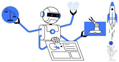Robot adaleti, teknolojiyi, analitiği ve yeniliği dengelemek için çoklu kolları kullanıyor. Yapay zeka gelişimi, otomasyon, karar verme, teknoloji dengesi, gelecekçilik endüstrisi entegrasyonu için idealdir. Basit.