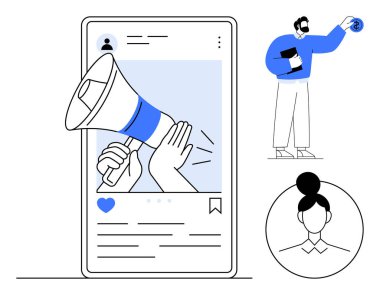 İçerik tanıtımı için bir megafon iletisi gösteren akıllı telefon ekranı, bir uygulama aracılığıyla bağlanan bir kullanıcı ile eşleştirildi. Dijital pazarlama, içerik oluşturma, tanıtım, iletişim, nüfuz