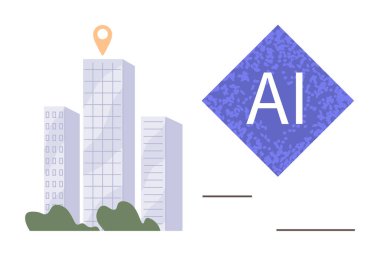 Yapay zeka ikonunun yanında elmas şeklinde yeşilliklerle çevrili uzun cam binalar. Teknoloji, yenilik, iş, şehir planlaması, gelecek, sürdürülebilirlik ve yaratıcılık için ideal. Basit düz