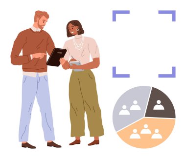 İki meslektaş bir not panosundaki notları analiz ediyor. Şema takımı segmentasyon konsepti. Takım çalışması, işbirliği, analiz, beyin fırtınası, planlama, iletişim için ideal. Basit bir daire.