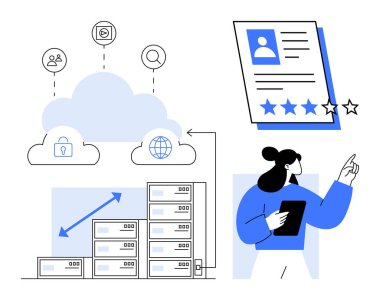 Güvenli sembollü bulut deposu, küresel ağ, yükselen veri sunucuları, yıldızlı profil derecesi ve elinde tablet olan bir kişi. Bulut hesaplama ve veri yönetimi için ideal