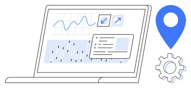 Analitik çizelge ve raporları gösteren bir dizüstü bilgisayar aç, yanında mavi bir lokasyon iğnesi ve bir vites. Veri analizi, iş stratejisi, optimizasyon, izleme, planlama, istatistik için ideal