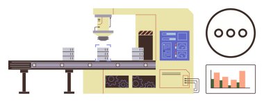 Robotik kol istifleme nesneleri, kontrol paneli, grafik ekran ile fabrika taşıyıcısı. Üretim, otomasyon, teknoloji, endüstri, verimlilik yapay zeka veri analizi için ideal. Basit düz metafor