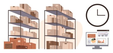 Kutularla dolu raflar, zaman yönetimini sembolize eden bir saat, çizelgeler ve e-ticaret analizleriyle dolu bir bilgisayar ekranı. Lojistik, envanter, tedarik zinciri, e-ticaret, depo için ideal