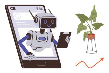 Akıllı telefon ekranından çıkan robot tablet tutuyor, bitkilerin büyümesini yukarı doğru eğilimli grafiklerle izliyor. Teknoloji, yapay zeka, bahçıvanlık, sürdürülebilirlik, otomasyon, veri analizi, çevre