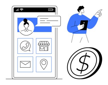 Kullanıcı profilli mobil ekran, sohbet, çağrı, e- posta, depolama ve harita simgeleri. Elinde tablet ve dolar tutan adam bağlantıyı, iş finansmanını ve iletişimi vurguluyor. Teknoloji için ideal