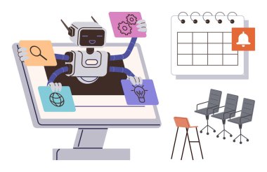 Bir bilgisayar ekranında robot arama, küre, fikirler, ayarlar için simgeler taşıyan görevler yerine getiriyor, ayrıca bir takvim, hatırlatma ve ofis sandalyeleri de var. Otomasyon, üretkenlik ve teknoloji için ideal
