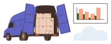 Sevkiyat lojistiğini temsil eden paketlerle dolu açık bir minibüs ve performans analizini gösteren bir bar çizelgesi. Lojistik, veri, ulaşım, dağıtım, tedarik zinciri ve iş için ideal
