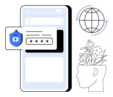 Güvenli girişi olan akıllı telefon, bağlantı için okları olan dünya ve yaratıcılık için çiçek açan insan kafası. Siber güvenlik, yenilik, küresel ağ, mahremiyet ve zihinsel büyüme için ideal