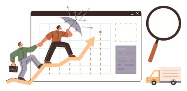 Bir ok grafiğine tırmanan iki kişi, ok atan şemsiyeler, büyüteç ve kamyon. Takım çalışması, liderlik, koruma, başarı büyüme problem çözme analizi için ideal. Basit düz