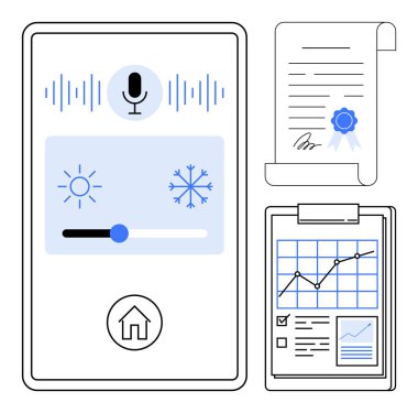 Sıcaklık kontrol kaydıracı, ses komut simgesi, imzalı sözleşme ve performans grafiği olan akıllı ev uygulaması. Ev otomasyonu, IoT, teknoloji, veri kontrolü için ideal, verimlilik sözleşmesi basit