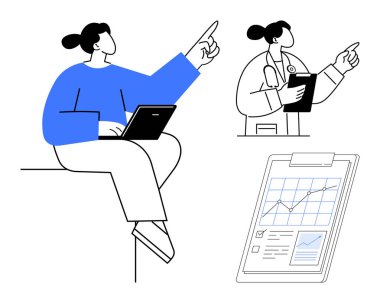 Bir dizüstü bilgisayar kullanan bir doktor, bir not panosu tutan bir doktor ve veri analizi, takım çalışması, sağlık hizmetleri, dijital çözümler, araştırma, eğitim ve stratejiyi temsil eden bir çizelge. İdeal